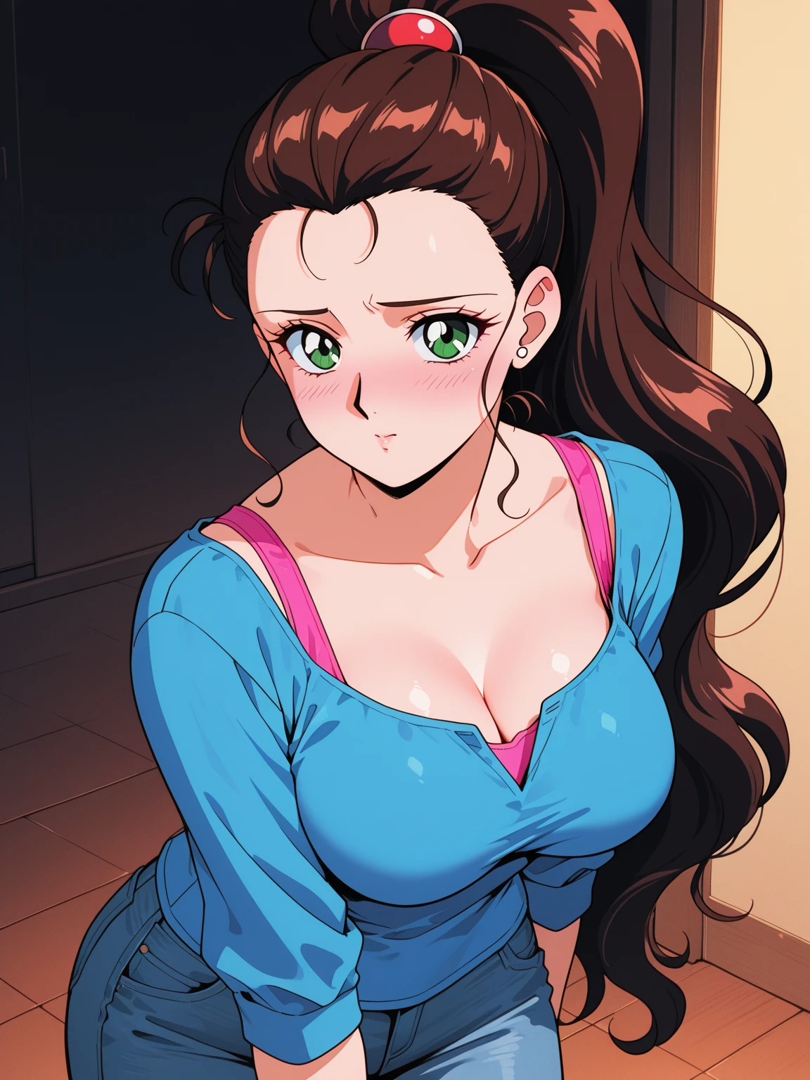 A beautiful woman with long brown hair is standing in green clothes。