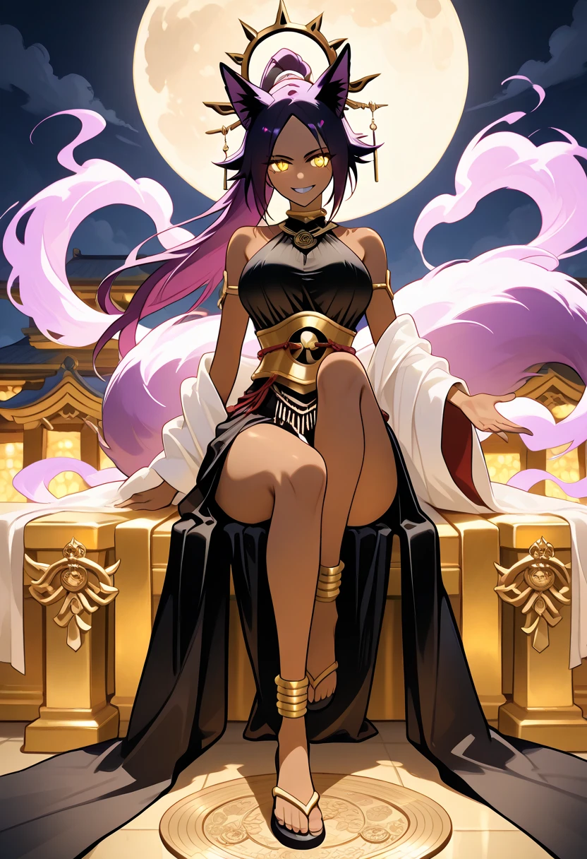 female, black long hair, red eyes, dark skin, (((1girl))), (((black and gold short sleeve minidress))), (gold bracelets), (gold heels), cute and sexy, full body, large breasts, long legs, smiling