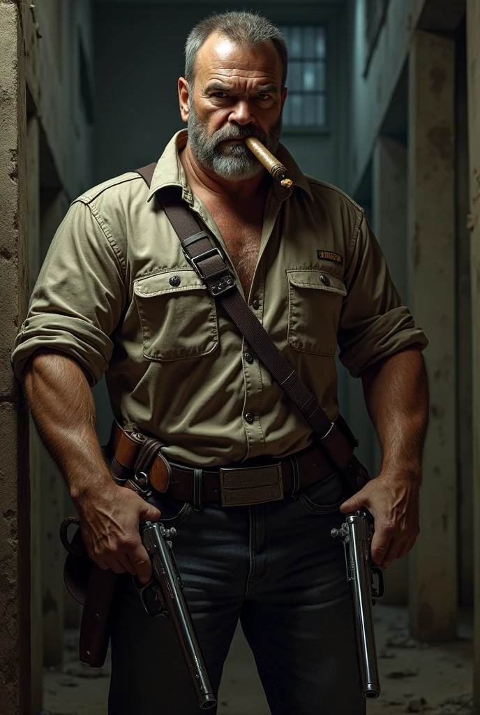 russel crowe as a real-life version of (Anton Chigurh \(No Country For Old Men\):1.2), (in a post-apocalyptic world:1), by Gustaaf Martinus Oosterling and Ayman Lotfy ultra realistic highly detailed intricate photorealistic analog style photograph