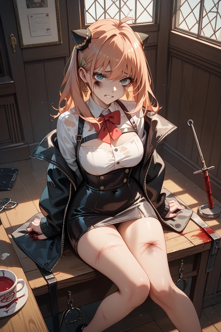 (((masterpiece, Highest quality, High resolution, 超High resolution, 4K, ))), One Girl, ((Food Wars!, Erina Nakiri)), 10 talents, 4th grade elementary school student, Slender Body, Blonde Short Bob Hair, Height: 130 cm, ５Head to Body, ((My chest is starting to swell a little, Small breasts)), In a tattered uniform, A tattered mini skirt, ((Uniforms are violently torn, Half naked, Underwear is violently torn)), Clothes are ripped to shreds, The skirt is torn to shreds, Panties tear, もっと細かく制Clothes are ripped to shreds, Lying on the ground