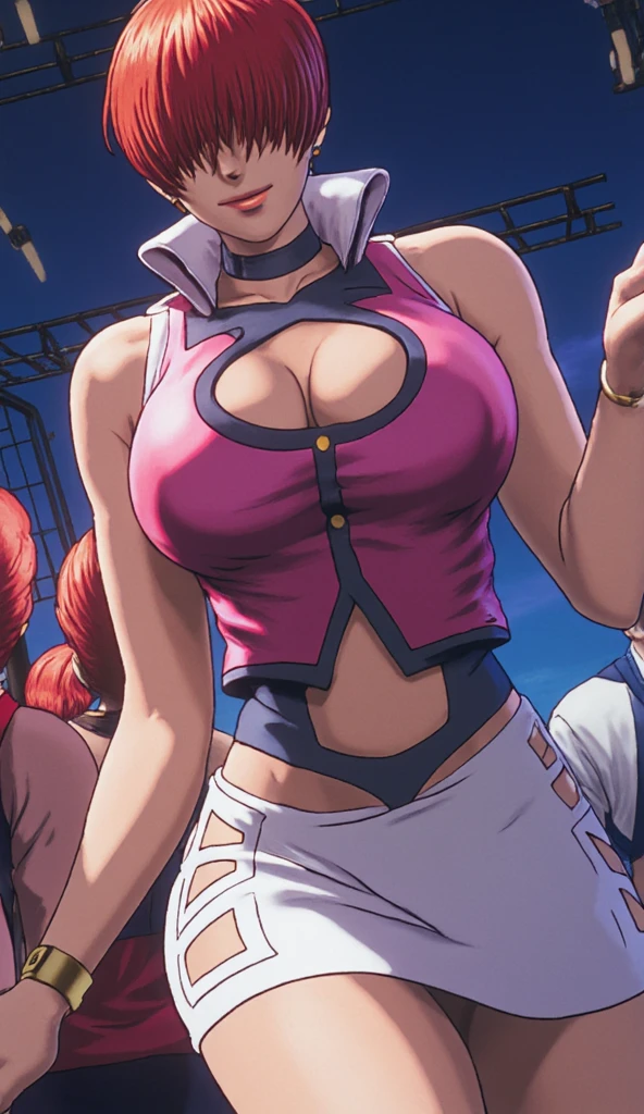 Dynamic composition,dutch angle,from below,{{on one knee}},small face (of a woman),{{{masterpiece}}, {{{Highest quality}}},{{Very detailed}},{{1girl,30years old,{Mature Woman}},{{tall}},{{Adult female}},sharp look,{{Fighting stance}},{{nami (one piece), short hair, orange hair, brown eyes, cleavage, striped shirt, white shirt, short sleeves, bracelet, miniskirt, yellow skirt}},{fighting stance}},{White lace bra},{}, ,{{}},{{}},,{{blushing with anger}},{{}},,{{}},{{}},,Slender body}}{{Avoidance}}{Wrinkles ,amount,Grit your teeth,suffering,v-shaped eyebrows.,Sweat dripping,Medium chest ,get annoyed,,Slums,,Twisting
