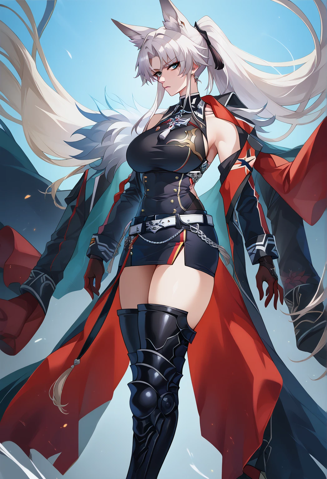 ultra-detailed, Explicit, Beautiful body, Beautiful Nose, Beautiful character design, perfect eyes, perfect face, ultra highres, 4K, beautiful legs, perfect legs, Nice hands, Perfect hand, Masterpiece, Best Quality, Highly detailed, illustration, absurdres, perfect anatomy, street fighter, doll suit, shadaloo doll, dollsuit, expressionless, blank eyes, looking at viewer, red gloves, emotionless, black latex, corrution, mind control, female combatant, full body, hypnotized, unhappy trance, full body suit, ribbed bodysuit, both arms at side, obey, perfect female body, extremely glossy latex, hypnosis, hypnoLora, empty eyes, Mind control device, poses, submissive_pose, Slave, standing straight, standing, standing at attention, hat, necktie, belt, latex, ribbed bodysuit, thighhighs, garter belt, Fighting Stance, extending the right arm from the shoulder into the air with a straightened hand, military, thigh boots, 1girl, hair ornaments, white hair, long hair, blue eyes, (((pixel-perfect, detail-perfect))), solo, 1girl, Rei Hatada, Crystar, tiara, holding sword, low wings, feathered wings, colored inner hair,
