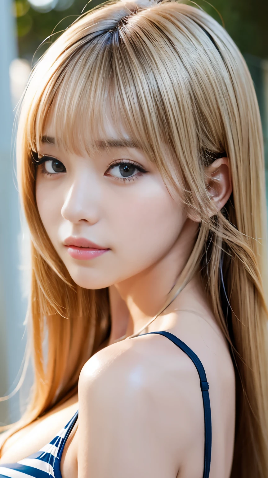 Highest quality、Japanese women、The most beautiful woman in the world、sexy、Blonde long hair hairstyle、Small face、Beautiful skin、noon、Large breasts、Realistic、sexyなポーズ、sexyな表情、Black Shirt