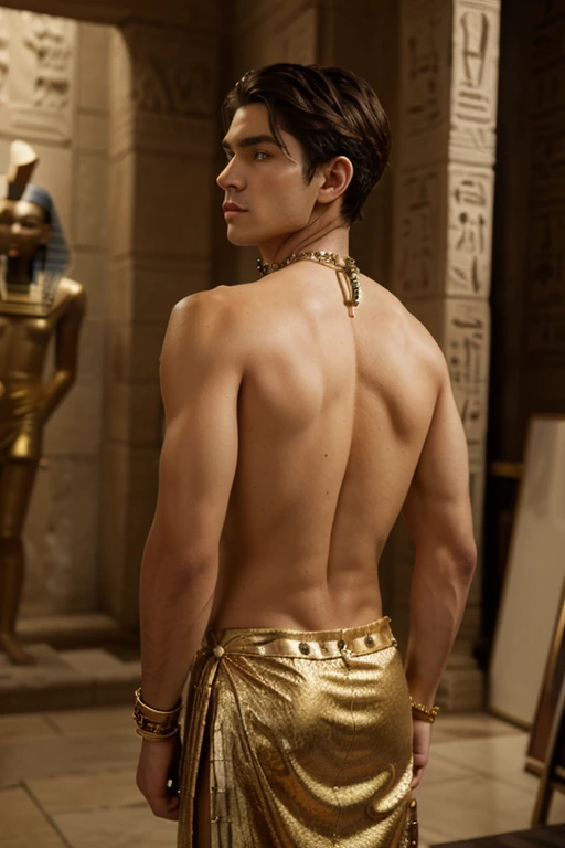 Young handsome cute white skin smooth skinny beautiful face shirtless In the Arena decert dressed in golden Arab clothing with a camel