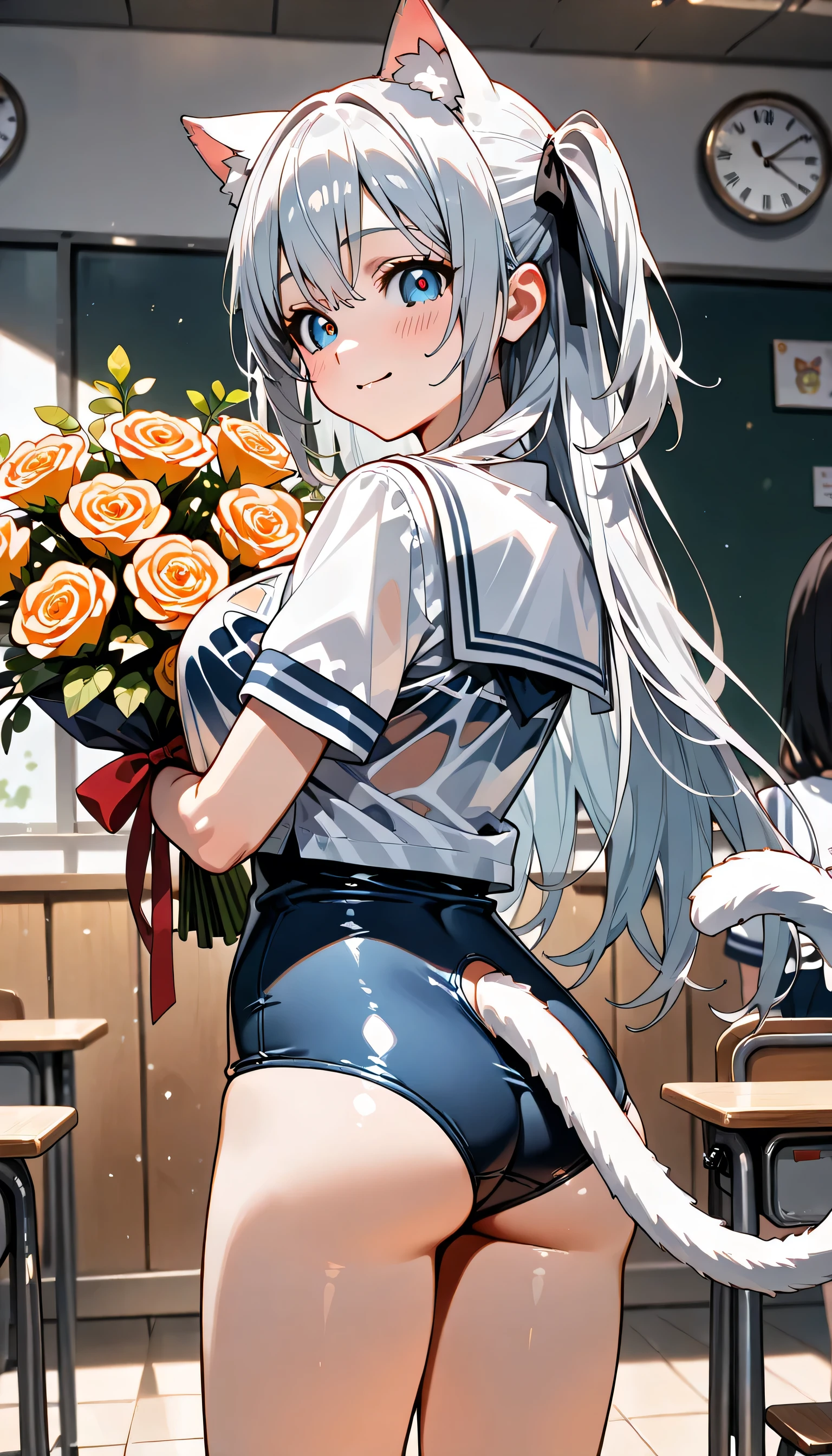 ((ultra-detailed)), (highly detailed CG illustration), (best quality:1.2), ultra-highly detailed, colorful composition, ((peeping photo)), 1 girl, solo focus, ((thigh to top:1.4)), ((cowboy shot:1.4)), moe anime character, girl, dainty facial structure, (baby face), (round face), ((rounded chin:1.2)), ((ideal ratio body proportions)), celia-default, celia claire, ((blue eyes)), sparkle eyes, ((cat ears:1.3)), ((cat tail:1.3)), silver hair color, two side up, (hair ribbon with red), ample breasts, ((white sailor school uniform:1.4)), (red tie), ((school swimsuit underneath see-through the top of the clothes:1.4)), ((wet clothes)), ((wet body:1.4)), ((smile:1.4)), ((happy:1.4)), ((joyful:1.4)), ((blush:1.3)), ((turn around:1.4)), ((changing clothes)), ((holding a colorful biggest bouquet:1.4)), ((standing in a school classroom)), ((there are only girls in the classroom)), from front, ((back shot:1.4)), best quality, masterpiece, expecting, pink cheek, blush, light pink gloss slip, portrait, depth of field, soft lighting, sidelighting, (shine), lighting, caustics, ray tracing, smile, perfect face, lustrous skin, highly detailed face, highly detailed eyes, perfect face, perfect nose, perfect hair, perfect eyes, perfect anatomy, beautiful hair, beautiful small face, extremely detailed face, beautiful detailed eyes, beautiful clavicle, beautiful body, beautiful huge breasts, leavage, breasts squeezed together, equalize the size of the left and right breasts, beautiful thin thighs, beautiful legs, beautiful fingers, 4 fingers, 1 thumb, lovely, (very detailed background:1.0), (highly detailed background:1.0), summer aesthetic, intricate details, Secretly filmed atmosphere, summer colors palette, chromatic aberration