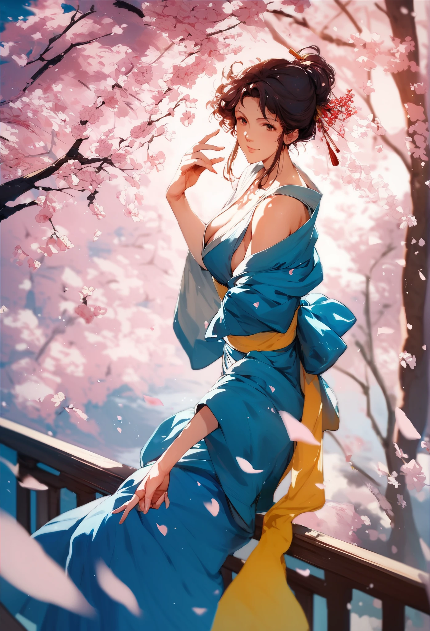 1girl, Japanese, ,blue_kimono_yellow_belt, стоит подняв руки up, smile, looking at cherry blossoms, stretches out his hands to the branches, Night, blurred background, depth sharp, backlight, BREAK check_9, check_8_up, check_7_up, check_6_up, check_5_up, check_4_up, source_anime, (tall, quality in detail, beautiful), shiny, Outstanding, contrasting color
