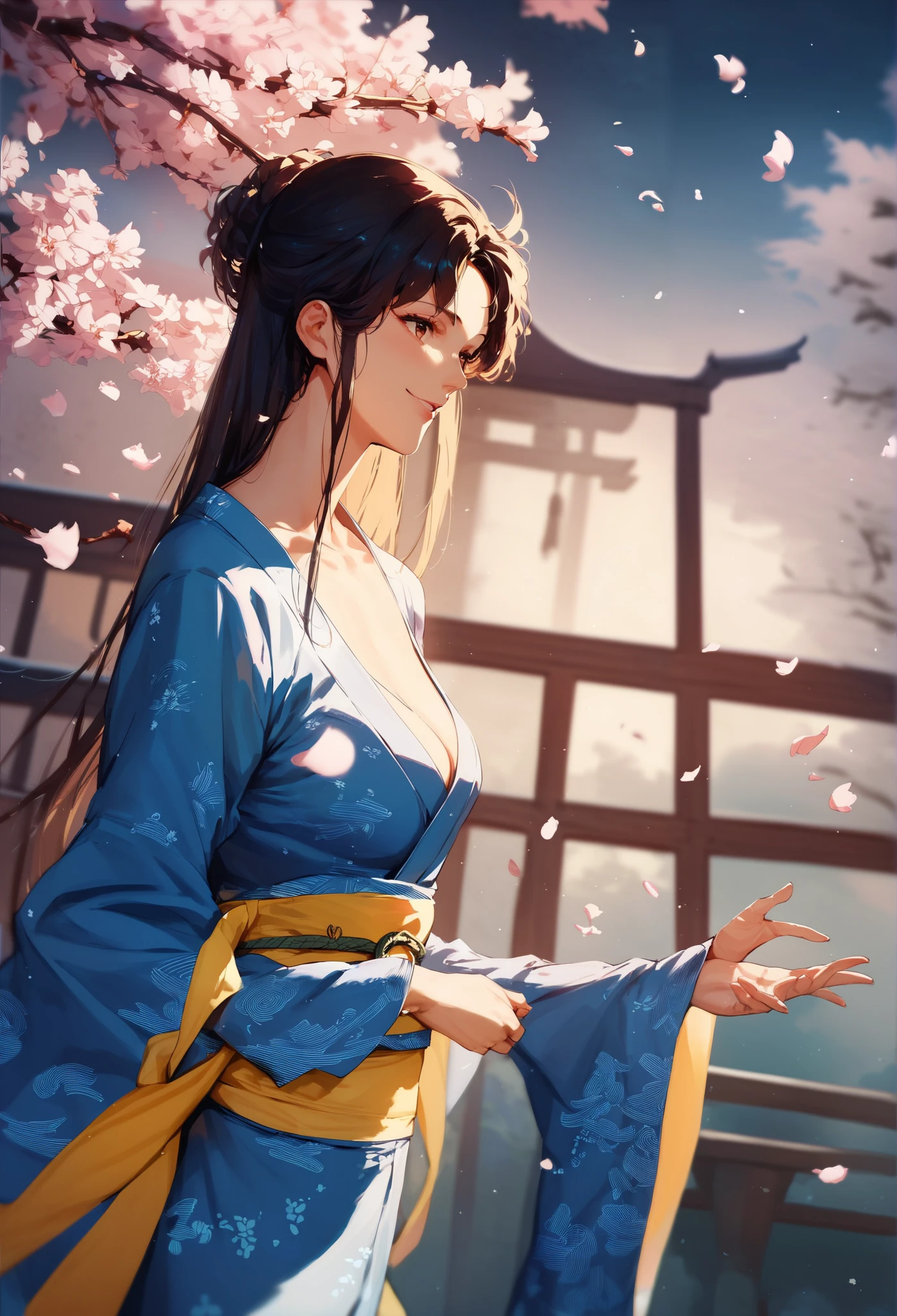1girl, Japanese, ,blue_kimono_yellow_belt, стоит подняв руки up, smile, looking at cherry blossoms, stretches out his hands to the branches, Night, blurred background, depth sharp, backlight, BREAK check_9, check_8_up, check_7_up, check_6_up, check_5_up, check_4_up, source_anime, (tall, quality in detail, beautiful), shiny, Outstanding, contrasting color