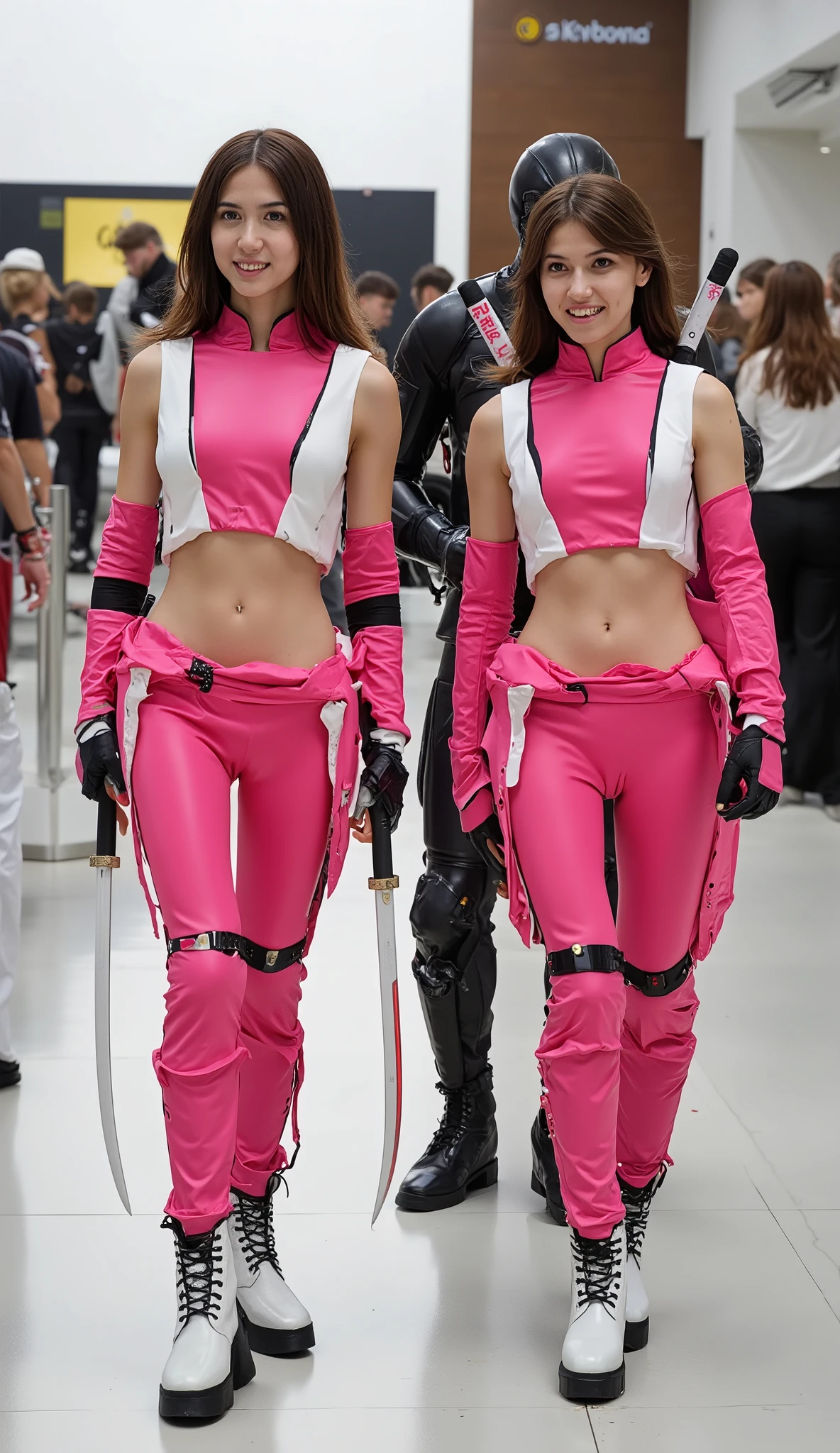 Character: 1 masked man, full head . Young women Open-breasted. topless , naked
action: Walking straight ahead and looking right in front of you.
expression : smiling.
costume : they're In a futuristic pink Deadpool with white bulletproof vests. They each have two katana swords on their backs.
background : Bright internal public space , with people, vaguely visible in the distance, shows, that this photo was taken at a fun event or party, maybe, это конвенция или costume . They radiate happiness, уверенно ходя в costumeах супергероев. show the whole body.