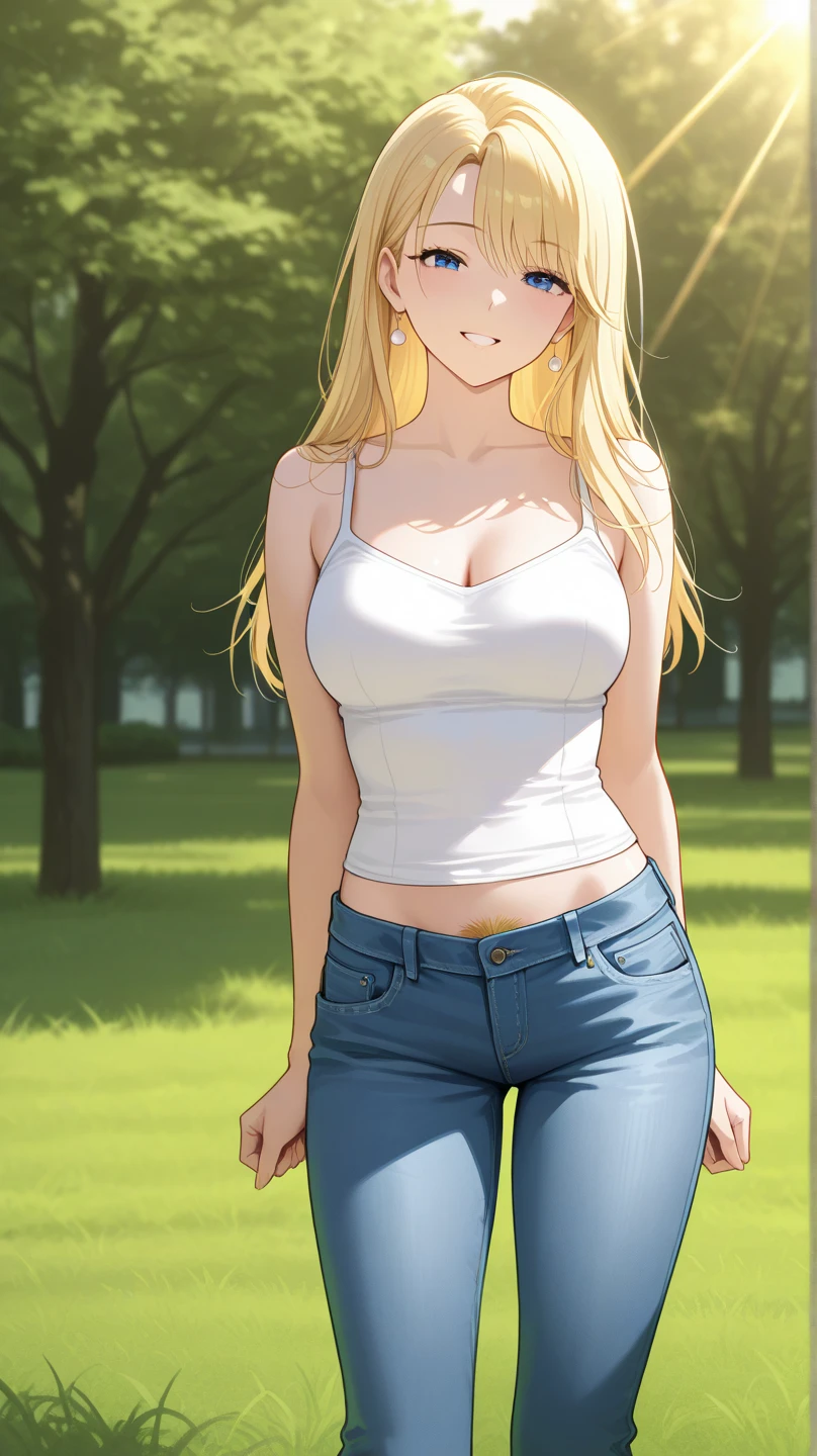masterpiece, best quality, <lora:oleana-nvwls-v1-000010:0.9> oleana, long hair, sidelocks, lipstick, white t-shirt, large breasts, baseball cap, jeans, sitting, outdoors, bench