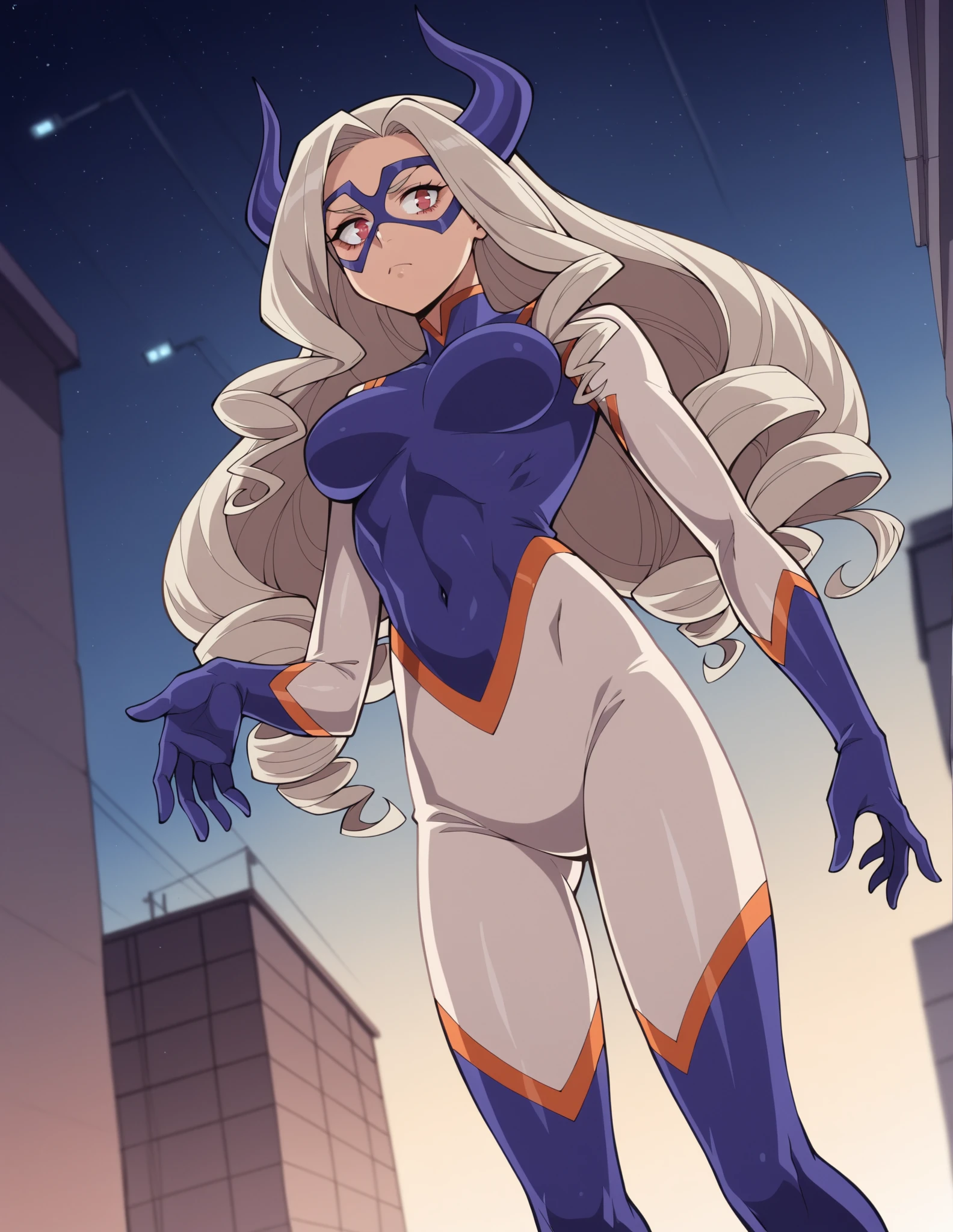 (Masterpiece) (High Detail) (High Res) A short petite humanoid girl with pale skin and long blonde hair and blue eyes and fluffy mouse ears and a long thin mouse tail is sat alone on the roof of a high-rise building at night. Moon is out and stars. She is wearing a super hero costume which consists of a navy blue satin shiny spandex body suit with gold shiny trim and patterns on it. Navy blue eye mask. Crotch Bulge. Outline of Penis in material.