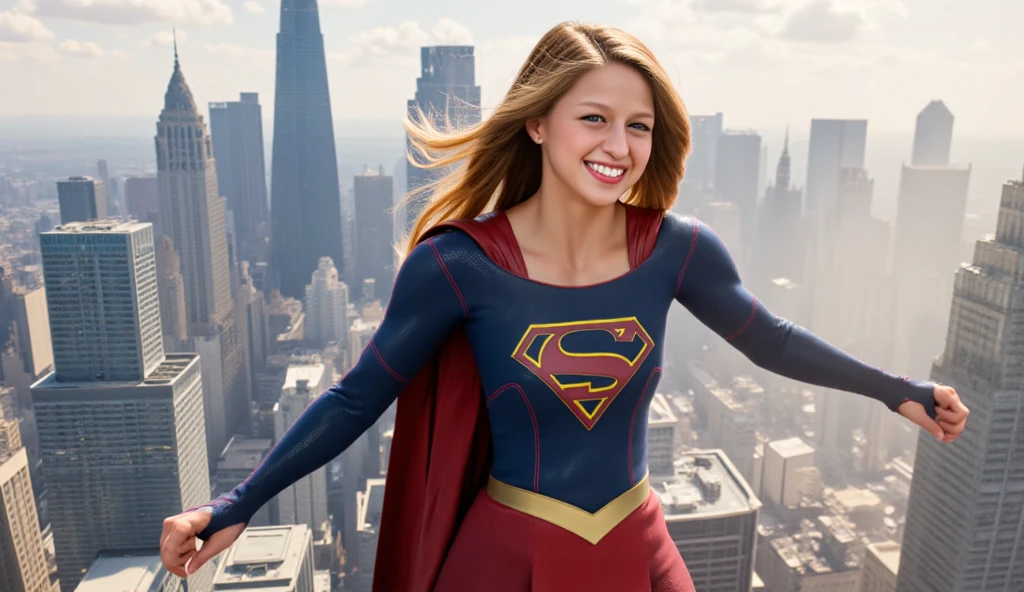 photo of a 18 year old girl,supergirl,happy,laughing,dancing,ray tracing,detail shadow,shot on Fujifilm X-T4,85mm f1.2,sharp focus,depth of field,blurry background,bokeh,lens flare,motion blur,<lora:add_detail:1>,