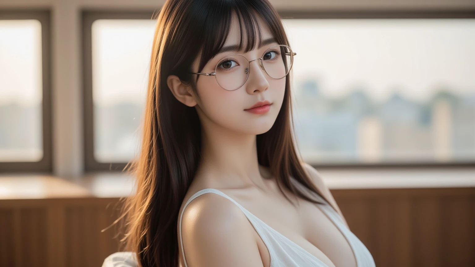 8K、Raw photography、top-quality、丸いeye glassをかけている、Hair is braided、​masterpiece、ugly woman with round face、Braid hair、Photorealsitic、frame lesseye glasses beautiful breasts、help beauty、まるeye glass、Ugly woman posing in the mountains.Fuji、1 persons、独奏、(huge tight cat litter、outside of house、sleeveless dresses、Luxury、eye glass、length hair、Beautiful detailed sky、earring beautiful、 Upper bust、cleavage of the breast、Soft lighting、the wind、shinny skin、Look at viewers