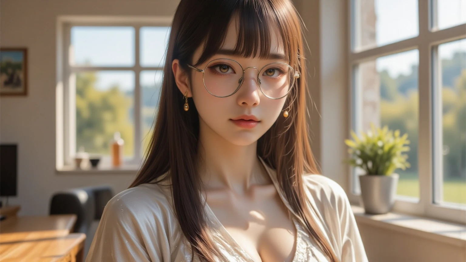 Very detailed、masterpiece、highest quality、Ultra-high resolution energy A、8K High Resolution、Photogenic transparency、Detailed eはい、Gradation、Perfect anatomical figure , Nikon Z9 80mm Lens, short hairの美しい女の子, Hair and light eyes, Vibrant, Colorful lights and bokeh. The lighting casts a warm glow on her face and hair......., Blue glow, Water surface reflection, Creates a dreamy and magical atmosphere、(Hotel Rooms、Blurred night view of a big city from a window:1.8)、break (Tight brown knit sweater、Off the shoulder、Headless:1.8)、(Big Breasts、Beautiful legs:1.8)、(smile、Brown Hair、short hair、Hair Bun、Bangs are available、Trendy Korean Makeup:1.4), Scapula, Glistening lips,Genuine, bangs, (Golden ratio face、plump lower lip、Pink blush on cheeks、Pink Lips:1.2),round_eyewear