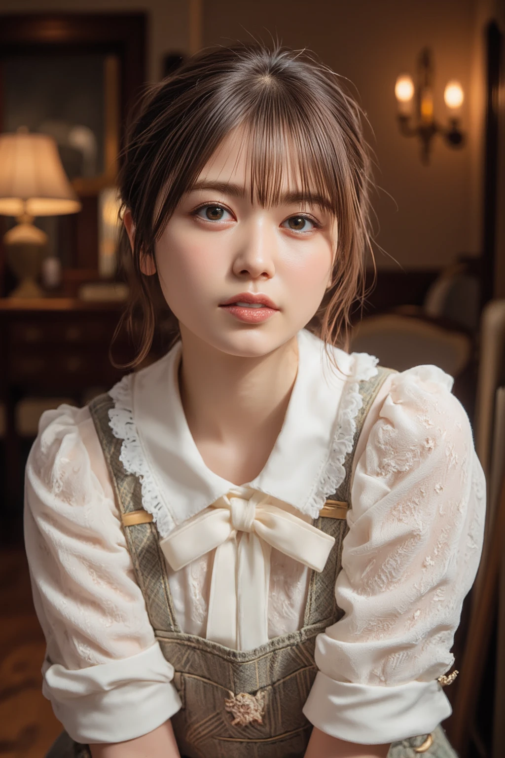 High Quality, Masterpiece, Highly Detailed, High Resolution, 4K, Ultra High Definition, Detailed Shadows, Ultra Realistic, Dramatic Lighting, 1girl, Solo, Detailed Face, Realistic Eyes, Realistic Skin, Dynamic Hair, Dynamic Pose, Dynamic Angle, White Flower Dress, White Background, ulzzang-6500-v1.1, (raw Photo:1.2), ( photorealistic:1.4), beautiful detailed girl, very detailed eyes and face, beautiful detailed eyes, ridiculous, incredibly ridiculous, huge file size, super detailed, high resolution, very detailed, best quality,
(Bright indoor), (soft light), (low contrast), (shallow depth of field), (portrait of a beautiful woman illuminated by gentle light), (extremely delicate and elegant depiction), (short length bangs), (hair color is a dark chestnut shade with a slight brown tone), (hair with a subtle and gentle wave), (small braids intricately woven on the side of long hair), (adorned with a thin ribbon), ( white blouse with small frills), (bow tie), (blue long skirt), (white short ankle socks), illustration, very detailed, CG, unified, 8k wallpaper, amazing, fine detail, best quality, Very detailed CG unified 8k wallpaper, face light, movie lighting, 1girl, 16 years old, ((no panties)), ((dynamic pose))), (camel toe), (half), (bent knees and legs sitting))