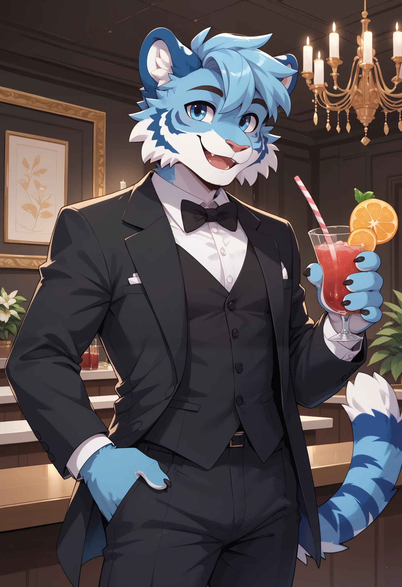 (Masterpiece) (High Detail) (High Res) A slim, curvy and cute tiger Male with blue fur and fluffy blue tiger patterned fur and bright blue eyes and curvy effeminate shape and a thick fluffy stripy tiger tail and a flat chest. Bright Blue Fur. He is wearing a tuxedo with white shirt and a black bow tie and black tuxedo jacket and black trousers. He is at a cocktail party and is in a marble room with gold chandelier and other guests in tuxedos and dresses. He is posing and smiling.