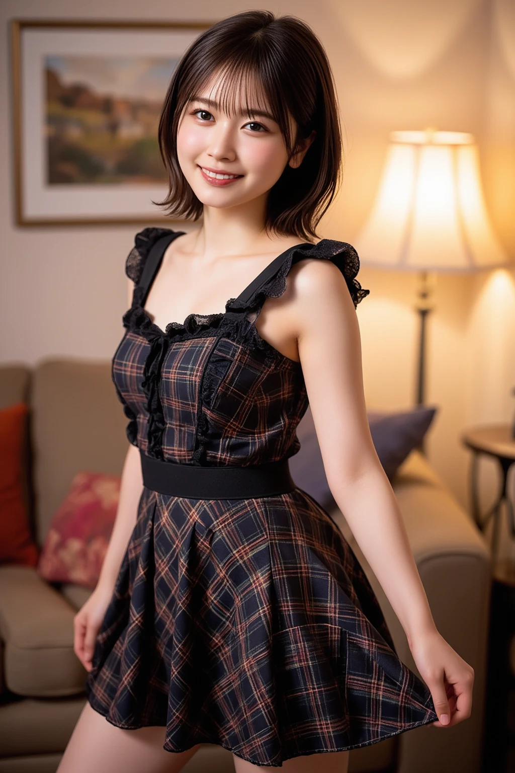 (8K、RAW Photos、Highest quality、masterpiece:1.2)、(Highest quality、Realistic)、1 Girl、((ribbon、Tube top、Off the shoulder、Medium Hair、Big Breasts、Breast enlargement、smile、Pink and black、mini skirt、Thin legs、whole body、boots、garden、View from the front、Looking into the camera、Idol Costume、Stand with hands on hips))、cute