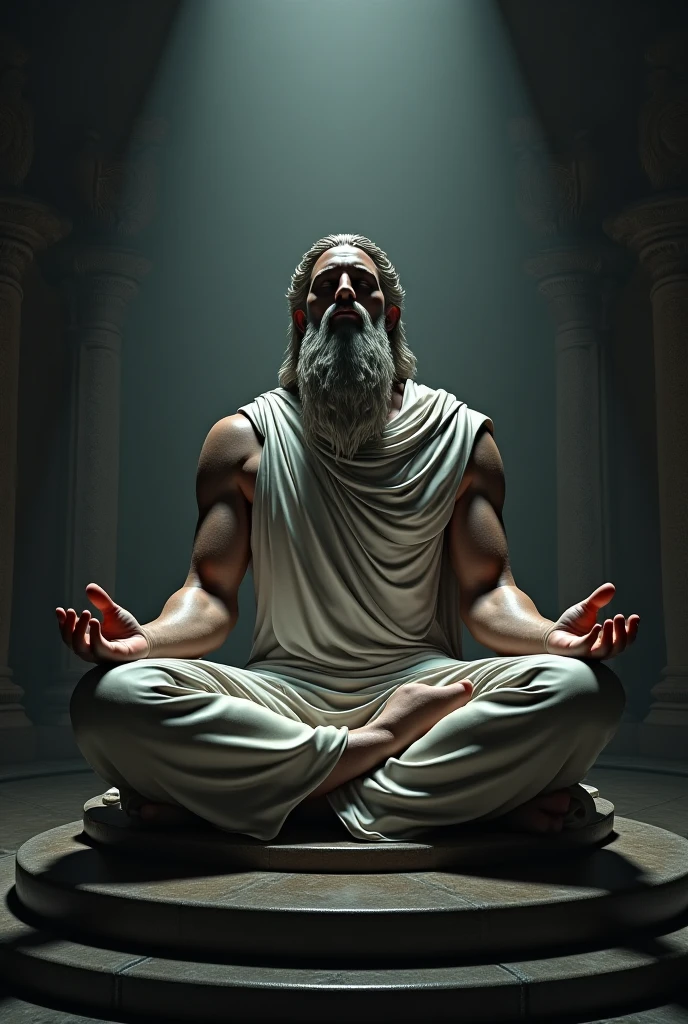 Create a detailed image of a full-length statue of Epictetus, representing an ancient philosopher or scholar in a contemplative, meditative pose. The statue should feature a muscular build with strong arms and a thick beard, embodying deep thought and tranquility. The facial expression should be expressive, with deep-set eyes suggesting concentration or reflection, and the overall statue should convey an air of wisdom and experience. The statue should be modeled in a classical Stoic style, without drapery or costume.
The setting should include a dark background with architectural elements such as arches and columns, suggesting an interior of historical significance, such as a temple or museum. The lighting should be dramatic, focused on the statue to highlight its details and create a strong contrast with the background. Incorporate subtle gold accents to enhance the sculptural details and emphasize the contemplative mood. The image should be rendered in 8k resolution with cinematic backlighting and a refined matte painting style, showing the full body with variations in different meditative poses. The background should be a blurred ancient Greek scene reminiscent of Caesar's time, rendered in 4k resolution with a high level of detail.