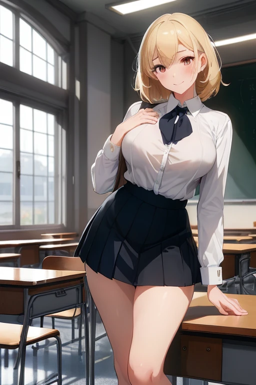 (((Perfect shape,shape,alone, (((Schoolgirl uniform、Checkered Skirt、Grey jacket、See-through white blouse、Black thigh socks、Pearl Necklace、Earrings))),(((AND18, android 18, bionde, Blue eyes, short hair, ))),((masterpiece)),High resolution, ((Best quality at best)),masterpiece,quality,Best quality,Cinematic lighting(((Detailed face、Detailed eyes、 shame、Exquisite facial features,There is light in the eyes、shame、(((anger,Severe))),))),Shape:1.7))),(((Light and shadow,Huge breasts))),(((AND18 doing a roundhouse kick)))、((Low - Angle、Best Shot、Sweating profusely))、((The background is a school classroom:1.2))、((White panties、NSFW:1.1))