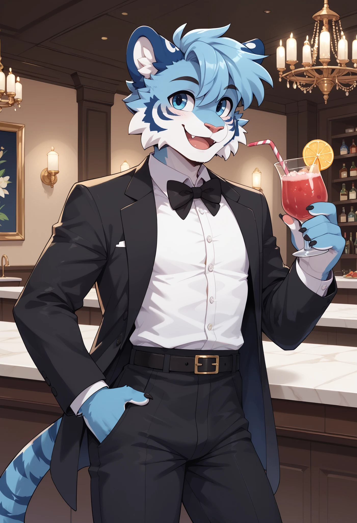 (Masterpiece) (High Detail) (High Res) A slim, curvy and cute tiger Male with blue fur and fluffy blue tiger patterned fur and bright blue eyes and curvy effeminate shape and a thick fluffy stripy tiger tail and a flat chest and thick thighs and wide hips. Bright Blue Fur. He is wearing a tuxedo with white shirt and a black bow tie and black tuxedo jacket and black trousers. He is at a cocktail party and is in a marble room with gold chandelier and other guests in tuxedos and dresses. He is posing and smiling.