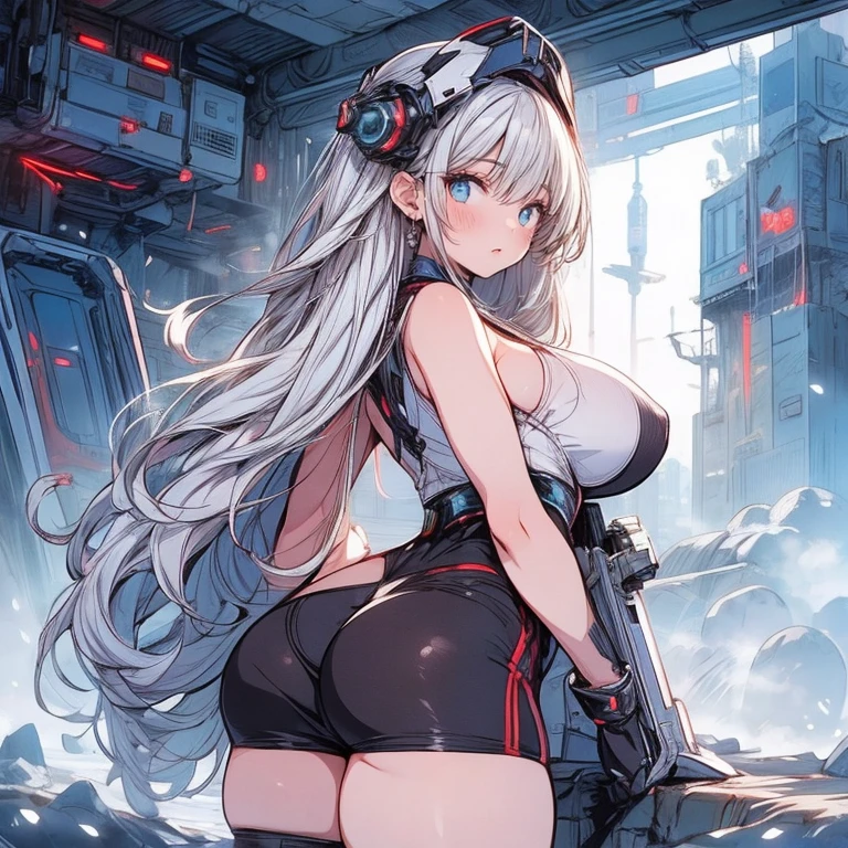 Highest quality、Highest quality、Masterpiece、girl((20-year-old、as soon as、Highest Bust、Medium Bust、Wide open chest、Red glowing eyes、Light Silver Hair、Disheveled Hair、Loincloth、thin、The best valley、Open chest、Full body view、Leather Tank Top、Leather pants、Smile、Leaning forward greatly,Perforated gloves、A tense face、Red headphones、Sexy pose、Accentuate your butt))、high quality、Beautiful Art、background((Space Station、In the cockpit))、flight、Flying Debris、Depth of text、movie、Visual Arts、Perfect Art、8K、Genuine、