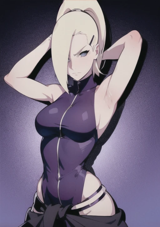A blue-eyed blonde kunoichi,similar to Ino Yamanaka from the anime Naruto, wearing a modern and stylized ninja costume. She wears a short metallic purple top ,that exposes her abdomen, with bulky turtleneck, with deep side slits, start just below the armpits and continue downwards forming an opening that leaves part of the skin exposed, and highlighted silver sleeves that stick cover your arms up to your wrists. Sua parte inferior é composta por uma saia roxa with deep side slits, tied with a dark blue band around the waist, allowing mobility. She wears dark ninja boots and has a confident and determined posture. Her hair is tied in a high ponytail, with a loose lock on the front. The background may be neutral or contain a slight action effect.
