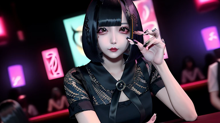 Goth_punk, One girl, alone, Standing、front、whole body、Beautiful legs、Cute Japan、J-Idol、((Laugh with your teeth showing))、smile、((LOL))、Medium Shot, Walk through the office, at night), Black Hair, White eyebrows, Earrings, bangs, jewelry, mask, blunt bangs, Blue Eyes, mouth , Blurred background, hair ornaments, View your viewers, Short Bob Hair, Portraiture, Side Lock