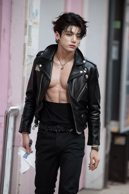 boy, 17 years old, fit body, slick back, leather jacket, rings, bracelets, piercings, japanese street, half body photo