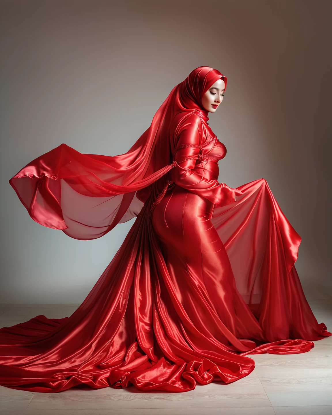A hijabi woman shrouded in a 17-meter-long, plush red satin cloth, tightly bound and grandly draping along the form of her body with satin rope, her both arm tied in satin cloth, flowing off into a pooled floor-length train, styled in a mermaid-inspired outfit with dramatic long train outfit, wear corset, wear high heels, a full-body pose conveying a sense of elegance, captured in a 4k resolution, ultra-realistic