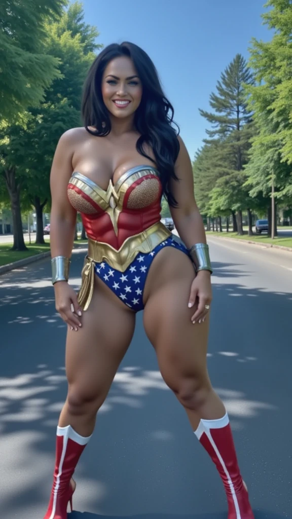 Full body photo of SEXIEST 50YO MATURE MILF AISHWARYA RAI as FITNESS MODEL, (ponytail tied hair), ((red and blue US flag micro bikini)), ((half knee boots)), (((seductive smouldering pose outdoors on 4th of July))), day scene, fittest curvaceous mature hourglass figure, look straight at camera, sexy 50 yo mature MILF, soft volumetric lights, intricate details, (ArtStation:1.2)