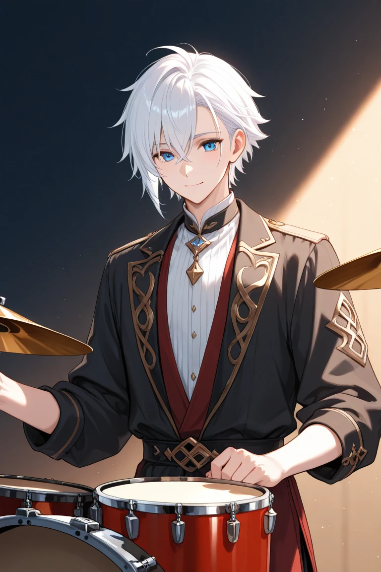 masterpiece, best quality, game cg, 1boy, solo, male focus, looking at viewer, upper body, , <lora:cutthroat_akudama_drive:0.74>, cutthroat_akudama_drive, white hair, purple eyes, dracula costume, The Shrine of the Lost, 8k resolution