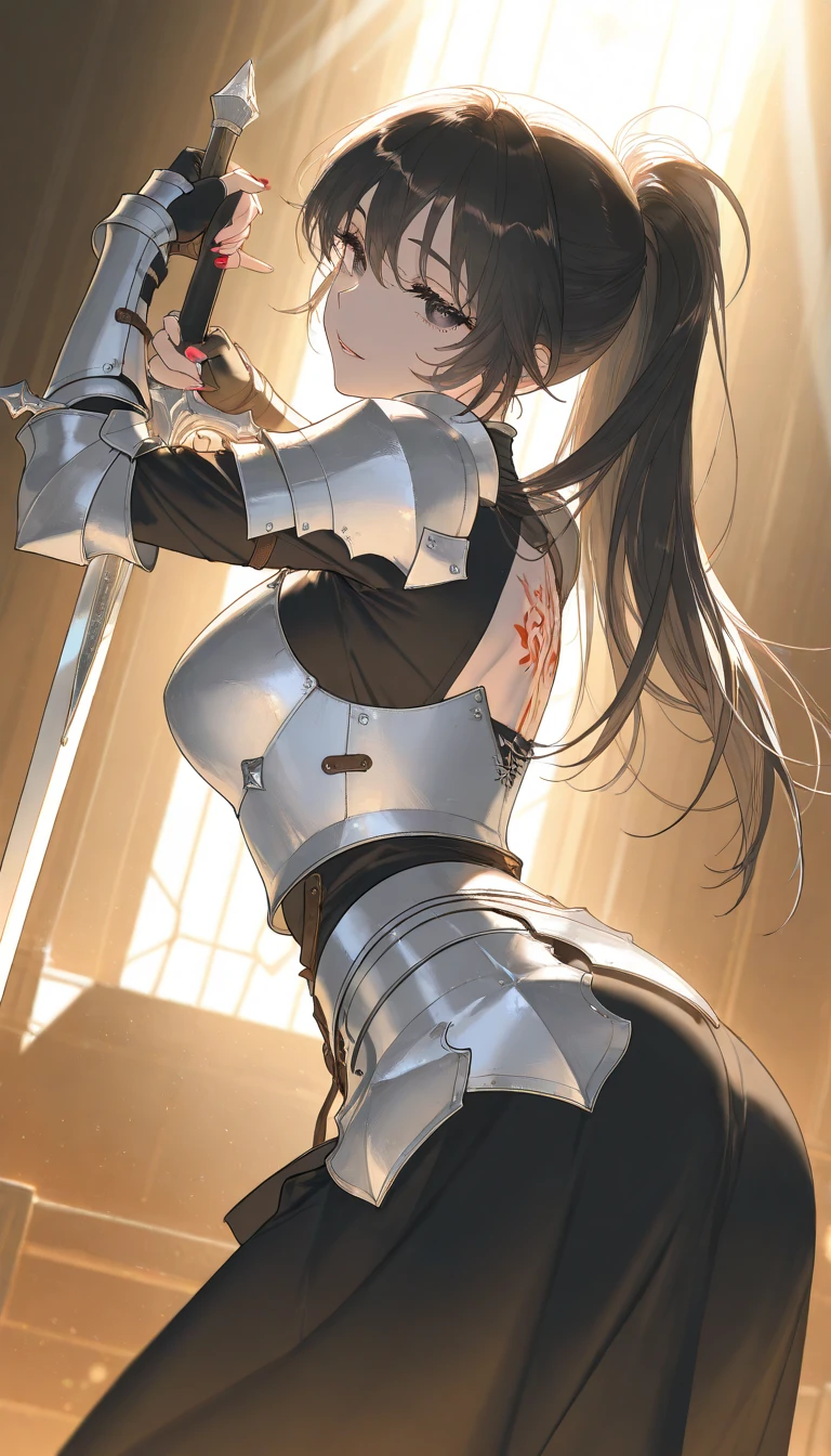 female knight　Black Hair　armor　Torn white skirt　White underwear　battlefield　Bondage