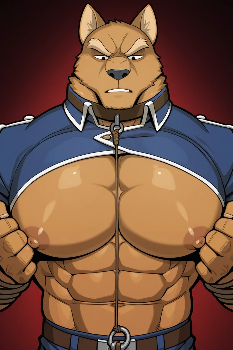 Glamrock Freddy, muscular and hairy, Red Waistcoat, red panties, with nipple piercings