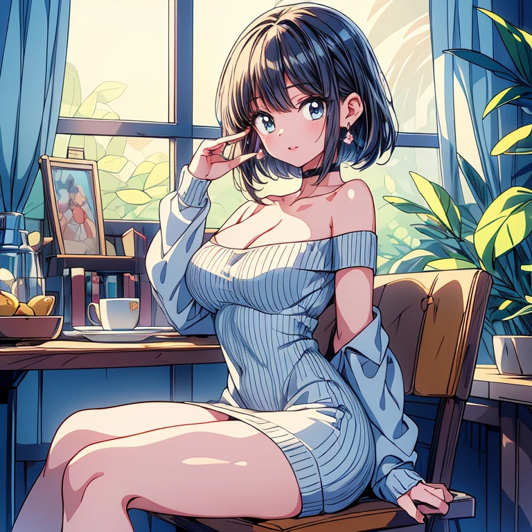 (Best quality, Masterpiece, A high resolution),1girll,Close-up shot，Super large breasts，Off-the-shoulder attire，cleavage，Solo,Short hair,Wavy hair,Smile,