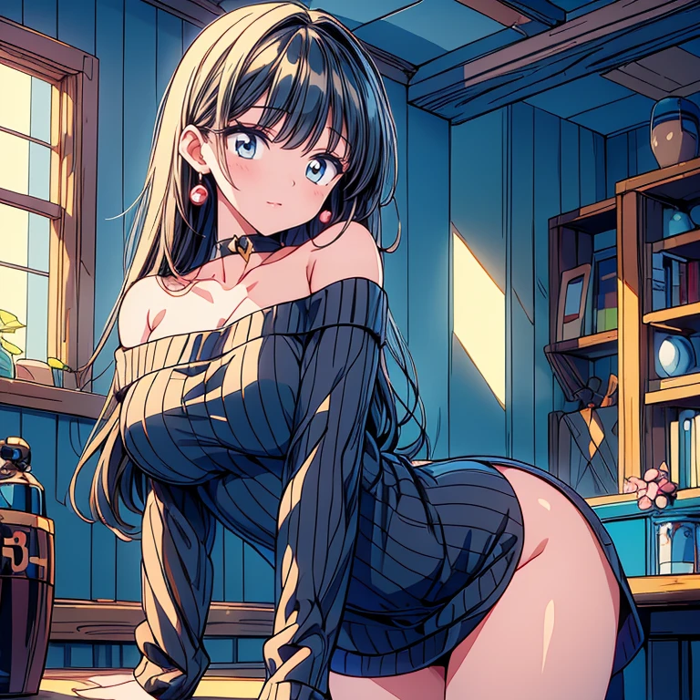 Browsing Caution,(Highest quality, 8k, masterpiece:1.3,beautiful girl), (Very detailed)Glowing Skin,(((Long Hair,ponytail,Blue Ribbon,Beautiful Hair))),(Perfect Anatomy, Anatomically cまたはrect, Very detailed肌),((Golden Eyes,Droopy eyes,Narrow eyes,slightly thicker eyebrows:1.2)),((Perfect Fingers,Five Fingers)), Mole under the eye,Double teeth,Big Breasts,Big Ass,high school girl,Very smiling,((Off-shoulder white sweater:1.2,Black and white plaid mini skirt:1.3,Pink Panties,Pink T-bag)),walk,Port town,Beautiful night view,((Shiny Earrings,small diamond necklace)),Place your arms behind your head,Wink、Throw kiss,(((Natural Makeup))),Angle from below,Climbing the stairs