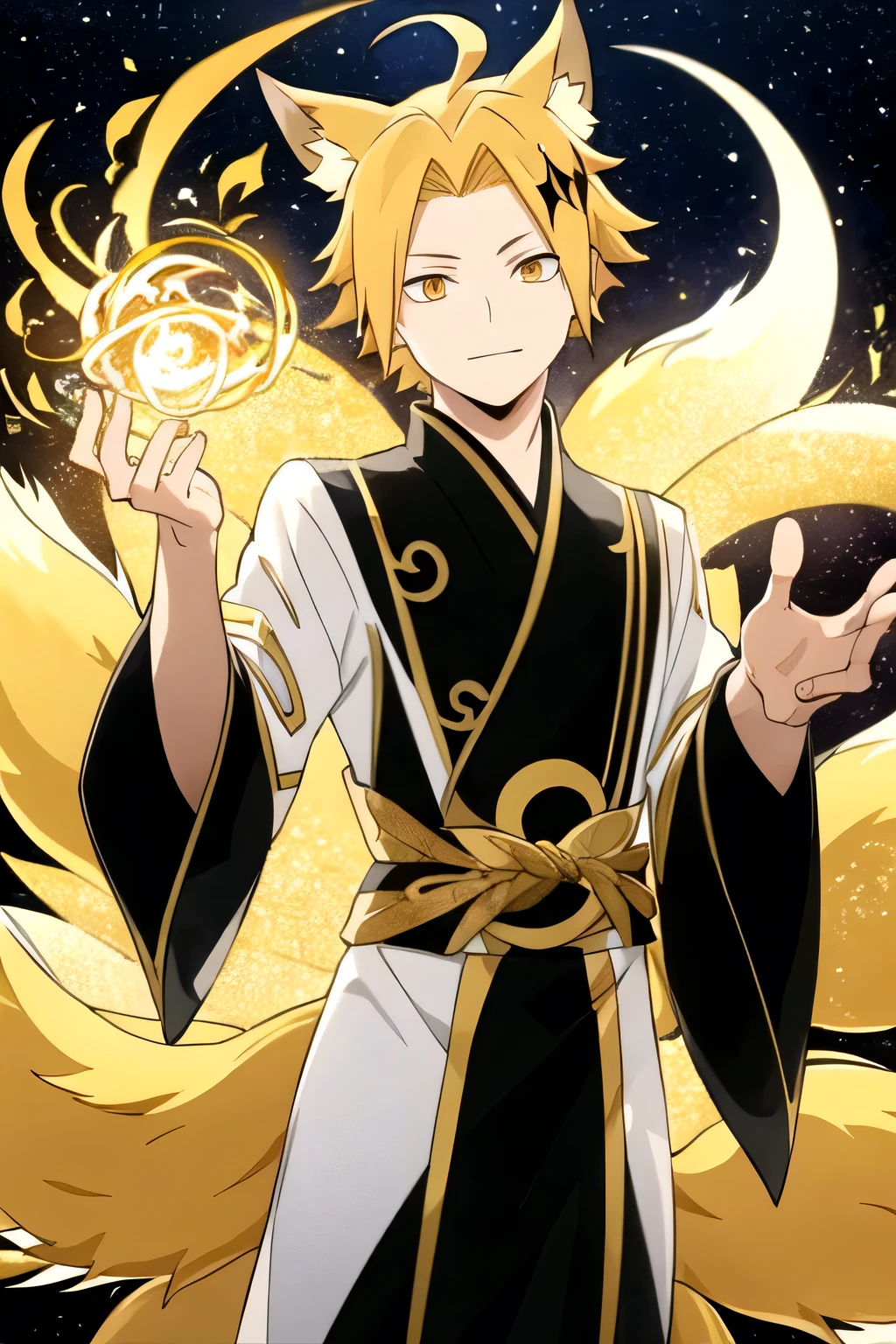 [high quality] male, blond hair, Mechon with a black ray, nine-tailed fox, transparent tails with yellow glitter, bottom: space, long yellow Japanese costume with glitter and transparent fabric, floating in the air, Transparent tails ghosts, pose elegant, Close up image, Hand the chest,   boy , Legendary transparent fox tails with glitter