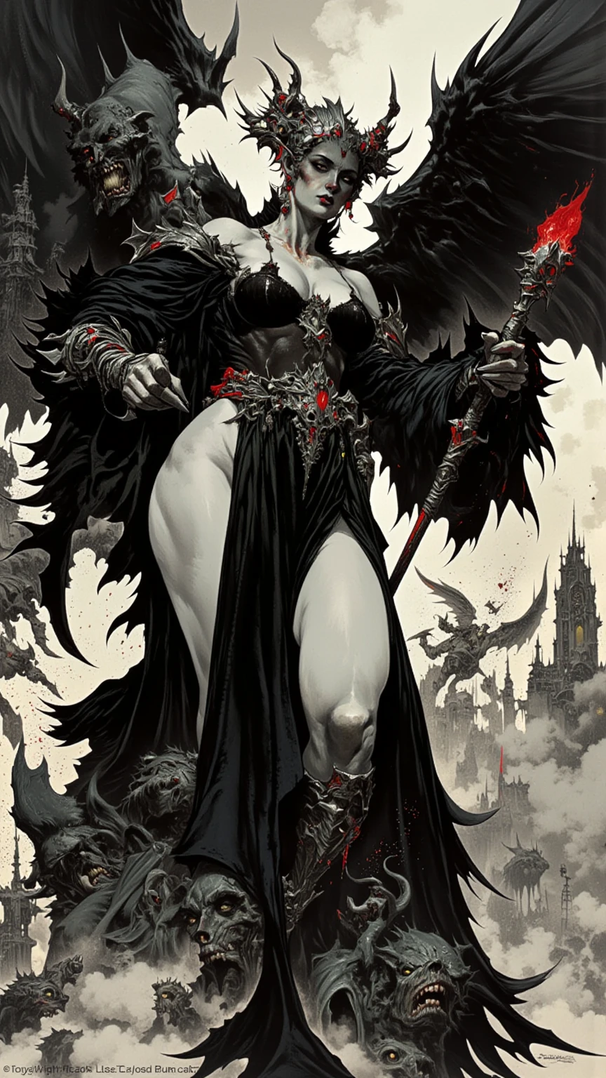 Fantasy Female Necromancer with pale skin and short red hair  , clyde caldwell, dark mascara, heavy makeup, skulls