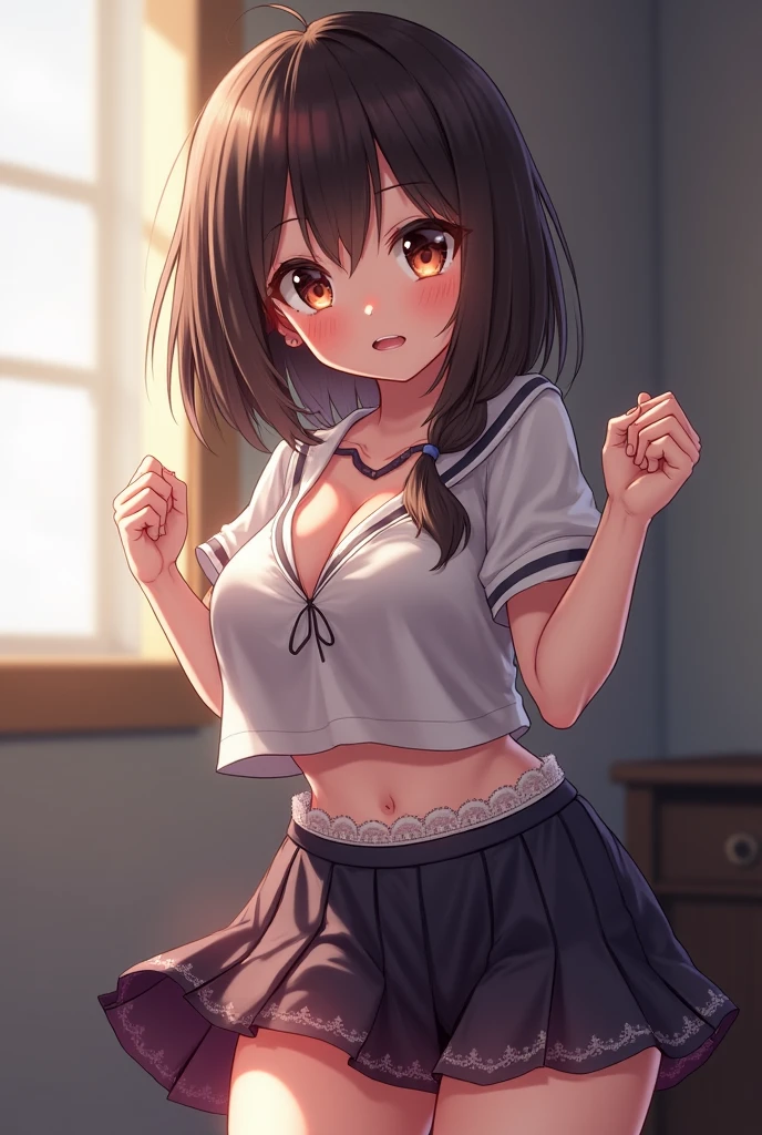 1girl,solo,yuuki mikan,, ,brown hair,, ,1girl,,,medium breasts,,open mouth,,cowboy shot,angry,(spoken heart),outdoor,,looking viewer,bare shoulder,miniskirt,