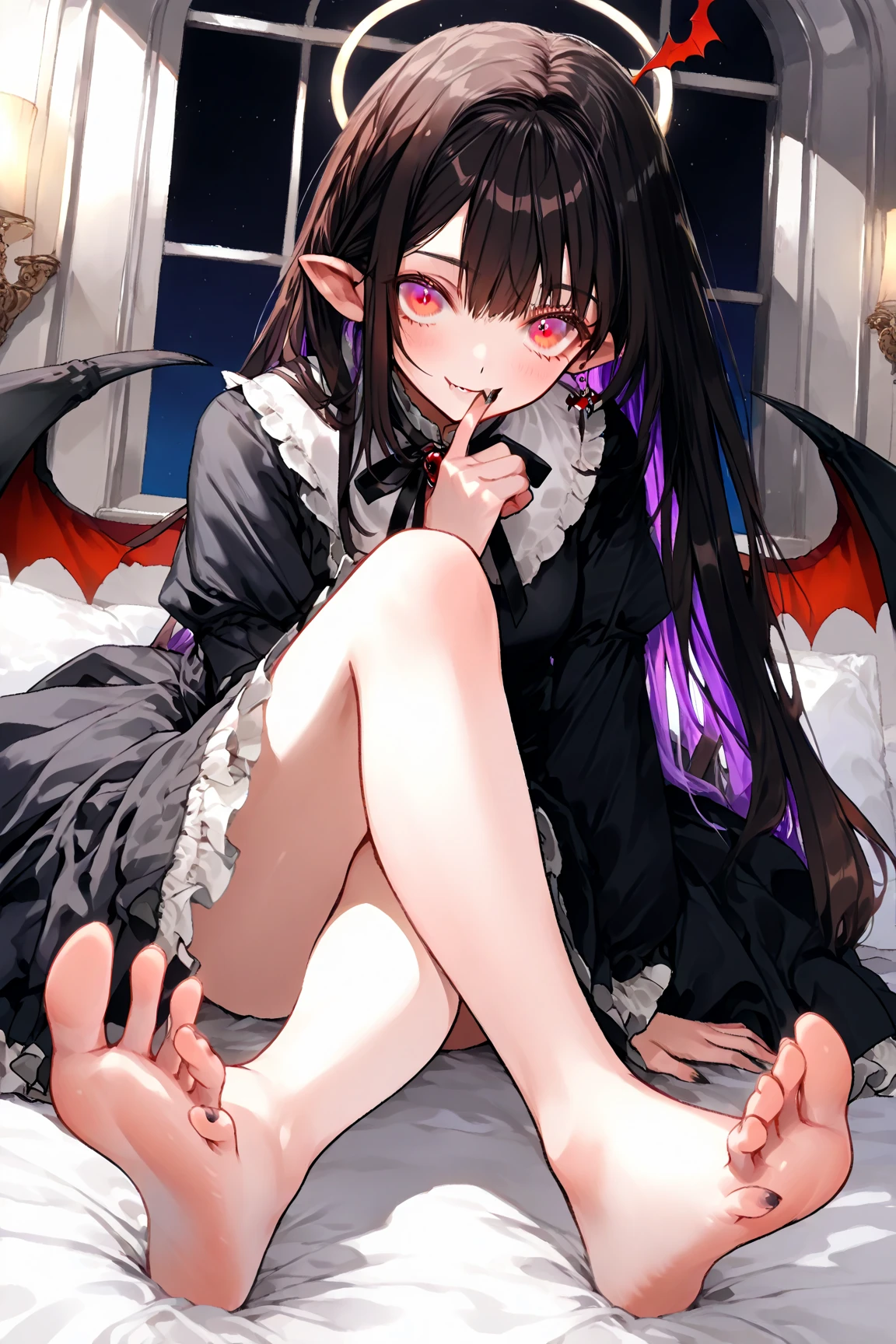 realistic, photo realistic, doll girl, 1girl, long black hair, bangs, dress, gothic, witch, dead red eyes, crazy, seductive smile with fangs, looking at viewer, holding dress up, no panties, legs spread, pussy, cum, dark gloomy forest