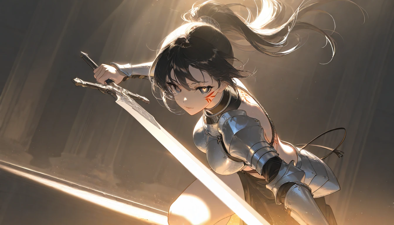 female knight Black Hair armor Torn Skirt White underwear battlefield