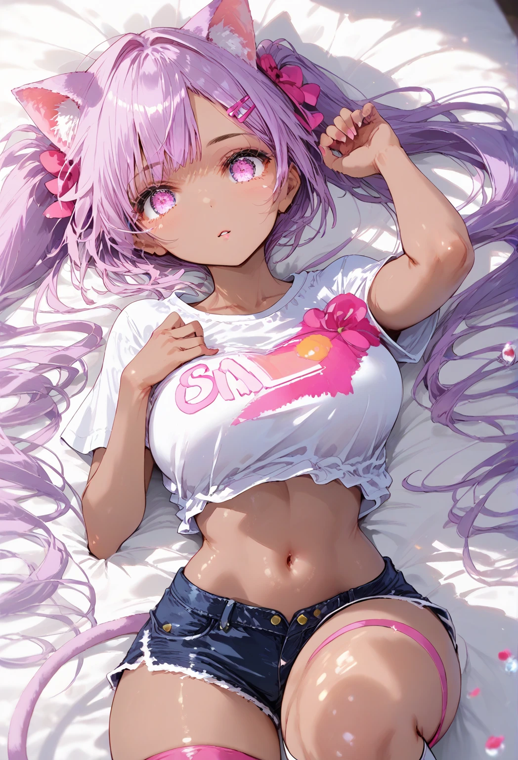 Absurdity, super detail, masterpiece, top quality, break, official art, (beautiful and aesthetic: 1.2), (watercolor: medium), break, devilish beautiful girl, beautiful girl, (cute: 1.3), , break, colorful hair, splash, (mixed blue and pink hair: 1.2), (fractal art 1.3), break, cat ears, sexy, break, shoes, doll, break, white transparent cropped shirt, show naked pussy, white transparent miniskirt, loose miniskirt, naked pussybreak, red eyes, break, sideways, watch viewer, break, plush bed, break, shy, nervous, blush, break, showa gravure, break,
