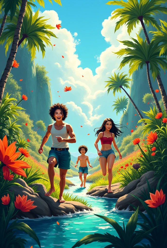 Garden of Eden (paradise) beautiful, with trees and animals of all kinds,  Adam and Eve enjoying in paradise both are African, (masterpiece best quality:1.2) delicate illustration ultra-detailed, illustrations, bright, colourful, 