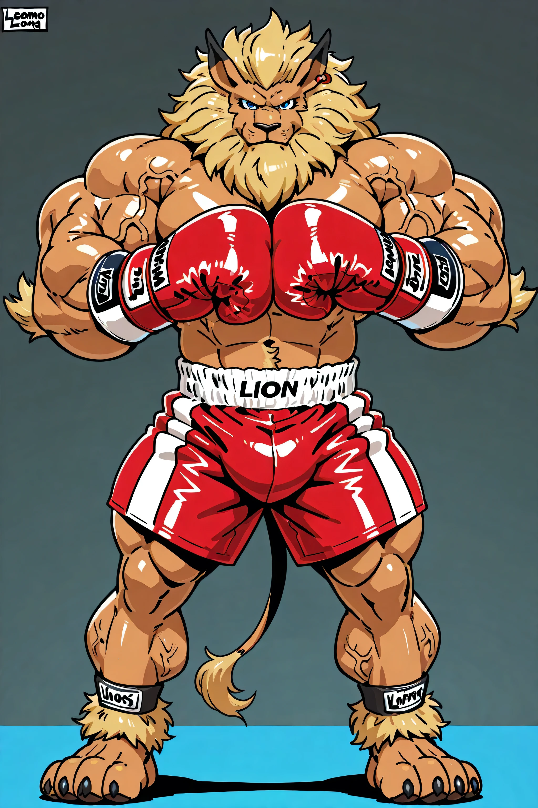 leomon, anthro, blue eyes, furry, solo, lion, male, mane, high quality, simple background, cel shaded, big body, thick arms, muscular, full body, glistening body, looking at viewer, boxing gloves, boxing trunks, muscular legs, thick legs, posing, stern face, veiny arms, bulging arms, pov_boxing, boxing posture, dynamic pose
