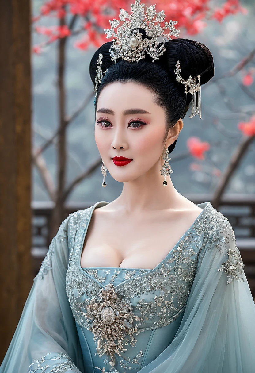 Chinese actress Xu Xun in The Legend of Ruyi (Zhou Xun) A Qing dynasty Empress standing in the foreground, showing her large breasts, her hairy pussy and underbelly, naked without underwear on the cobblestones outside a Chinese palace during the Qing dynasty、Chinese empress hairstyle big crown