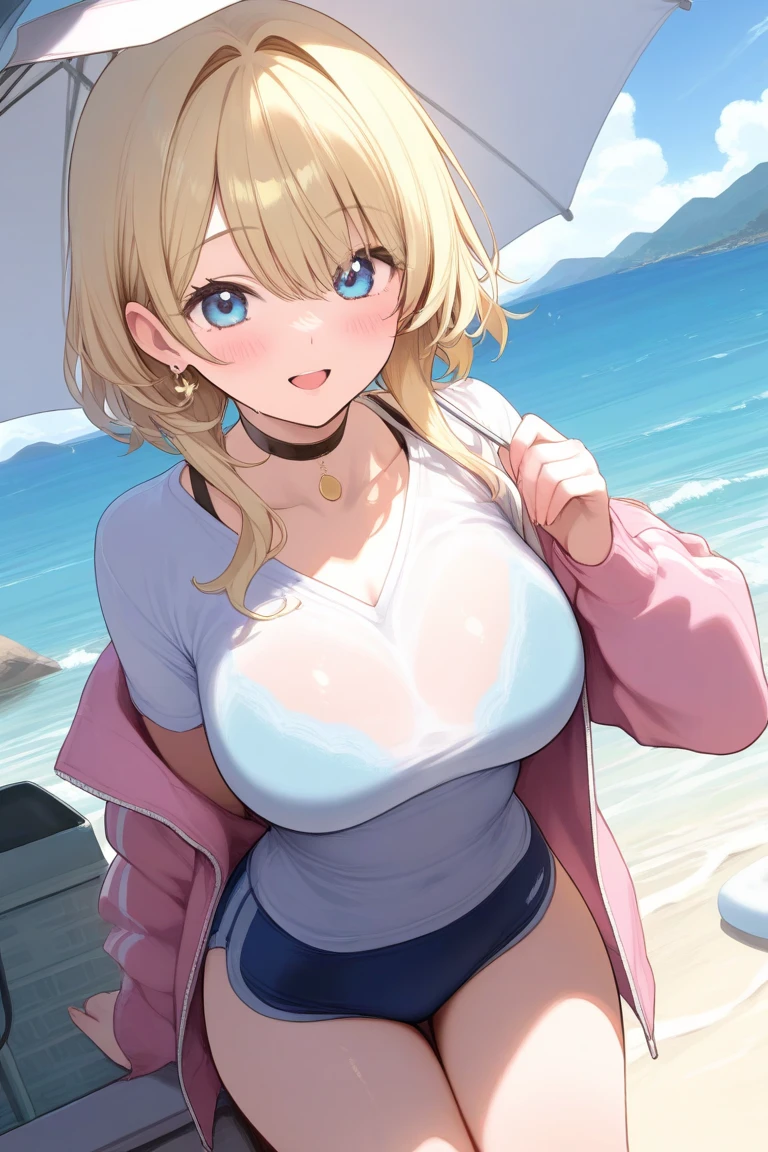 Anime illustration、highest quality、A short and voluptuous high school girl traveller、Tube top、Tropical resort、Reciprocating Machine、Runway、Perfect proportions、overwhelmingly big breasts、Beautiful, shining eyes、Blushed、smile、Cowboy Shot