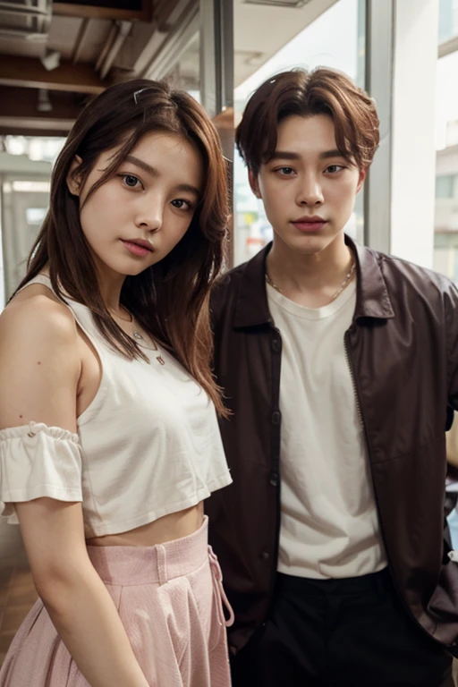 they are posing for a picture with a donut in their hand, with ivy, kim doyoung, jaeyeon nam, wonbin lee, high detailed), shin jeongho, goblin, 8k!, taejune kim, gunwoo kim and j.dickenson, 8k)), 8k selfie photograph, bo chen, jinyoung shin, exclusive, leaked image, couple, Red-haired woman, man with neck-length black hair.