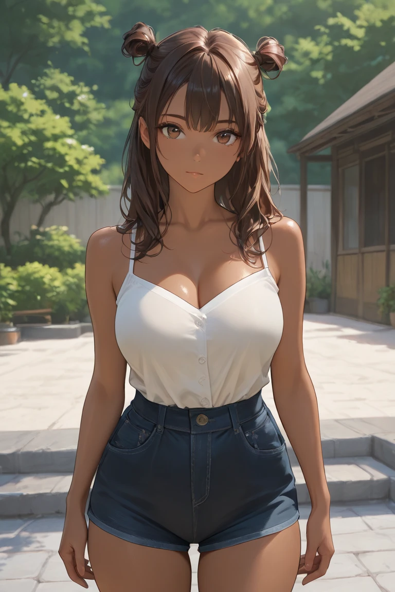 Female 26 years old,housewife,Outside on the street,Sunlight,Smile,put on lipstick,Light brown curly hair,single bun,Small white vest,Denim skirt,fit,Large Breasts