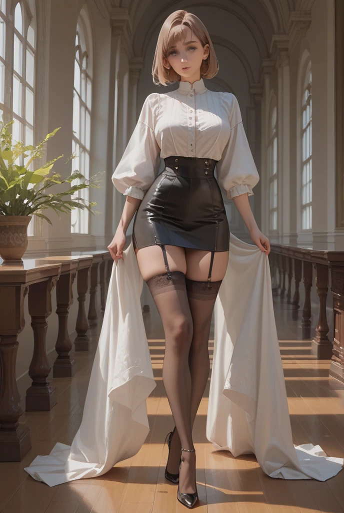 Ray Tracing，{best quality}，{ {masterpiece}}，Extremely detailed 8k wallpaper，{Extremely refined}，Colorful，Intricate details，realism，Cool and fair skin，（Apply blush carefully）,1080P，sun，Soft，Sense of Brokenness，Smooth and silky skin，3d，masterpiece，best quality，8K Ultra HD，masterpiece,best quality,Photo-real，Domineering female CEO，Slim，White hair，长White hair，in office，Full body portrait，Black pantyhose，High heel，wear glasses，Dragon Method，High Aims，Wearing a black suit，Short skirt，very beautiful, Skin is delicate and bright, garter, Thigh straps,