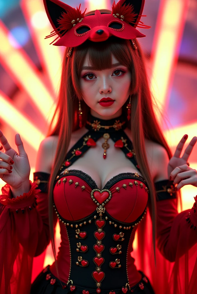 (ultra realistic,32k, masterpiece:1.2),(high detailed skin:1.1),( high quality:1.1),
1girl, black long hair, Fever Creepy Zombie Clown Costume [<lora:redcrystal-nvwls-v1:0.8>redcrystal, red theme, rubies,ruby,:<lora:md02301:0.5>solo,many skulls,branch,outdoors,china dress,a huge tree,(blood, blood spills:1.1),night, starry night,:25],(looking at viewer, sitting, crossed legs:1.1),, huge breast,large breast,,<lora:add_detail:0.84>,
(iridescence:1.1), holographic concert hall,  performances, immersive audiovisual experiences, digital music stars,  blurry background,