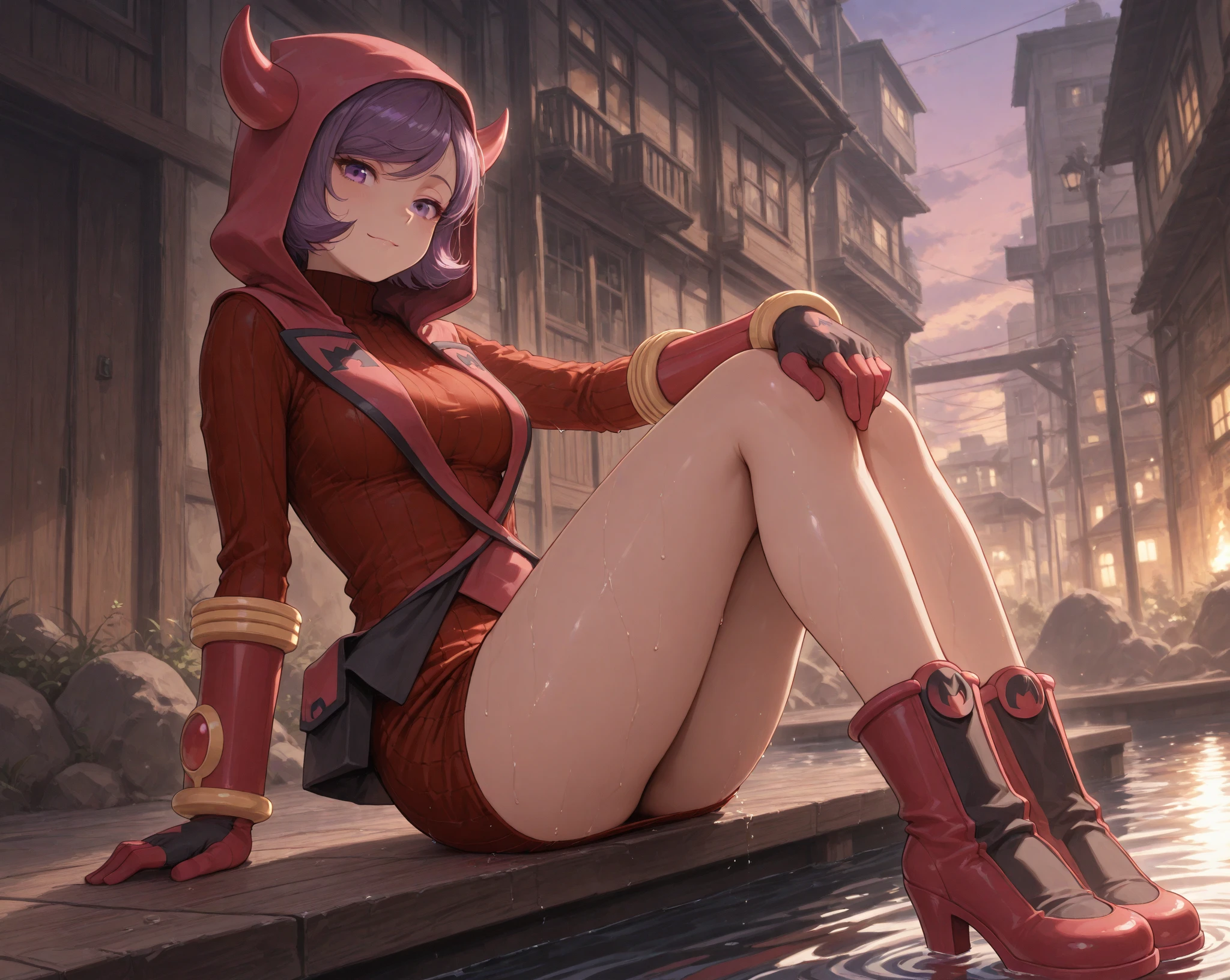 score_9, score_8_up, score_7_up, 1girl, ultra detailed, LunaMF, large breasts, red eyes,pink hair, yellow glowing horns, crop jacket, night city, night lights, rain, wet, angry, gritted teeth, gradient thigh highs,shorts,roller skates,