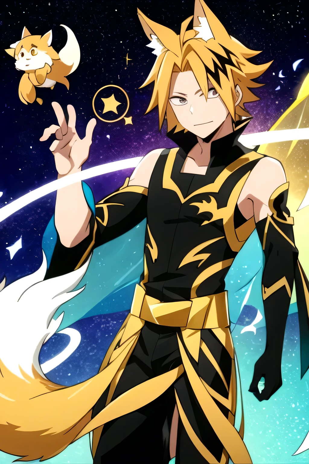 [high quality] male, blond hair, Mechon with a black ray, nine-tailed fox, transparent tails with yellow glitter, bottom: space, long yellow Japanese costume with glitter and transparent fabric, floating in the air, Transparent tails ghosts, pose elegant, Close up image, Hand the chest,   boy , transparent fox tails with legendary glitter, 9 colas de zorro estilo space estelar